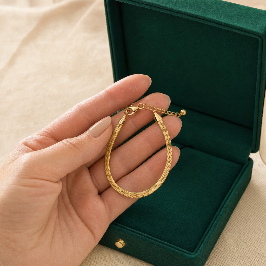 Herringbone Anklet presented in an emerald velvet gift box