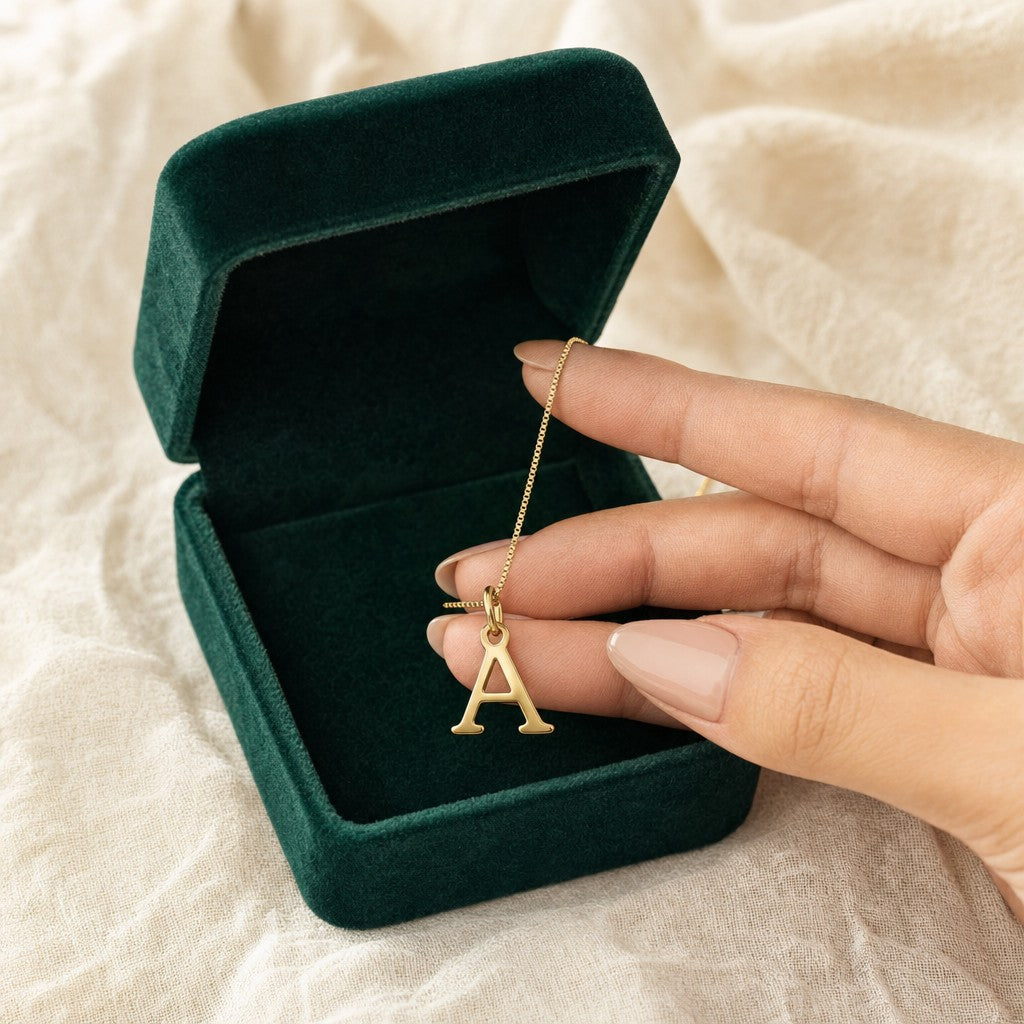 Initial Letter Necklace presented in an emerald velvet gift box