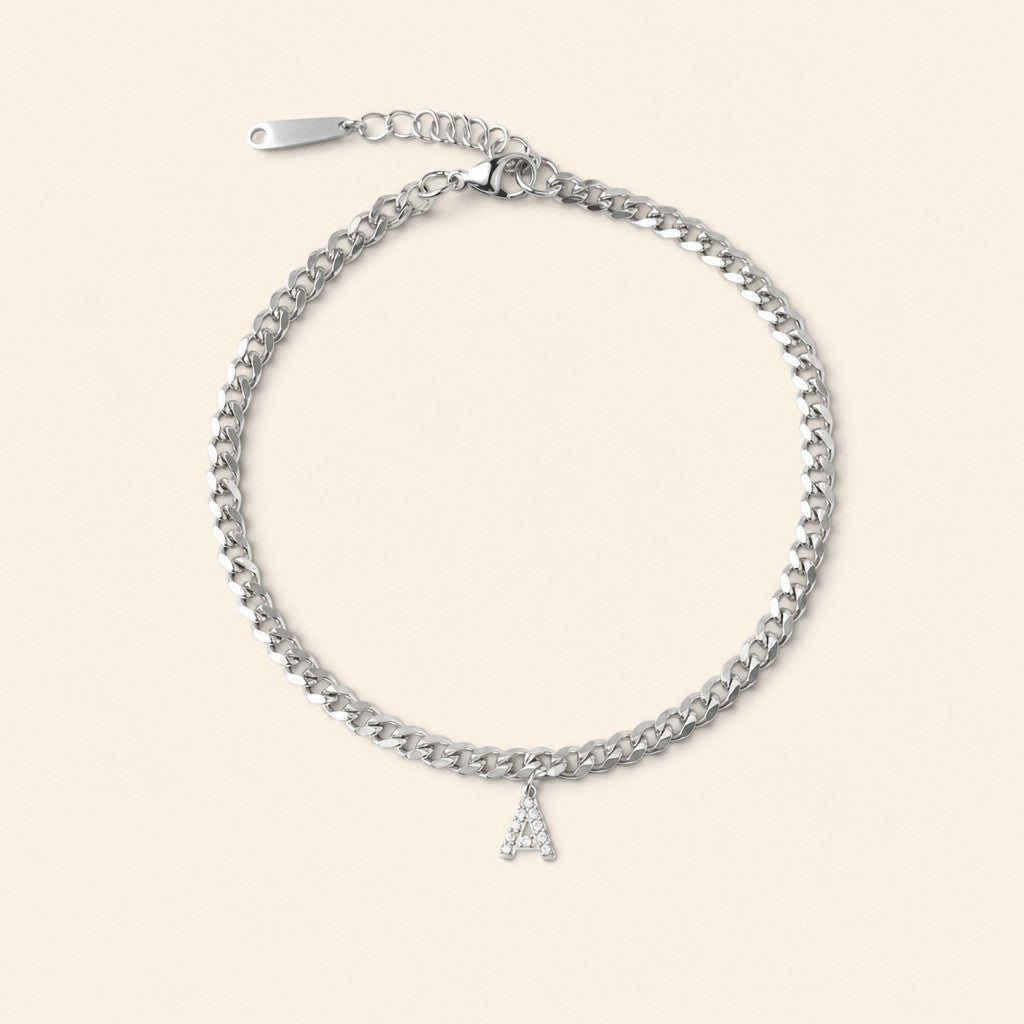 Layali Initial Anklet, silver finish