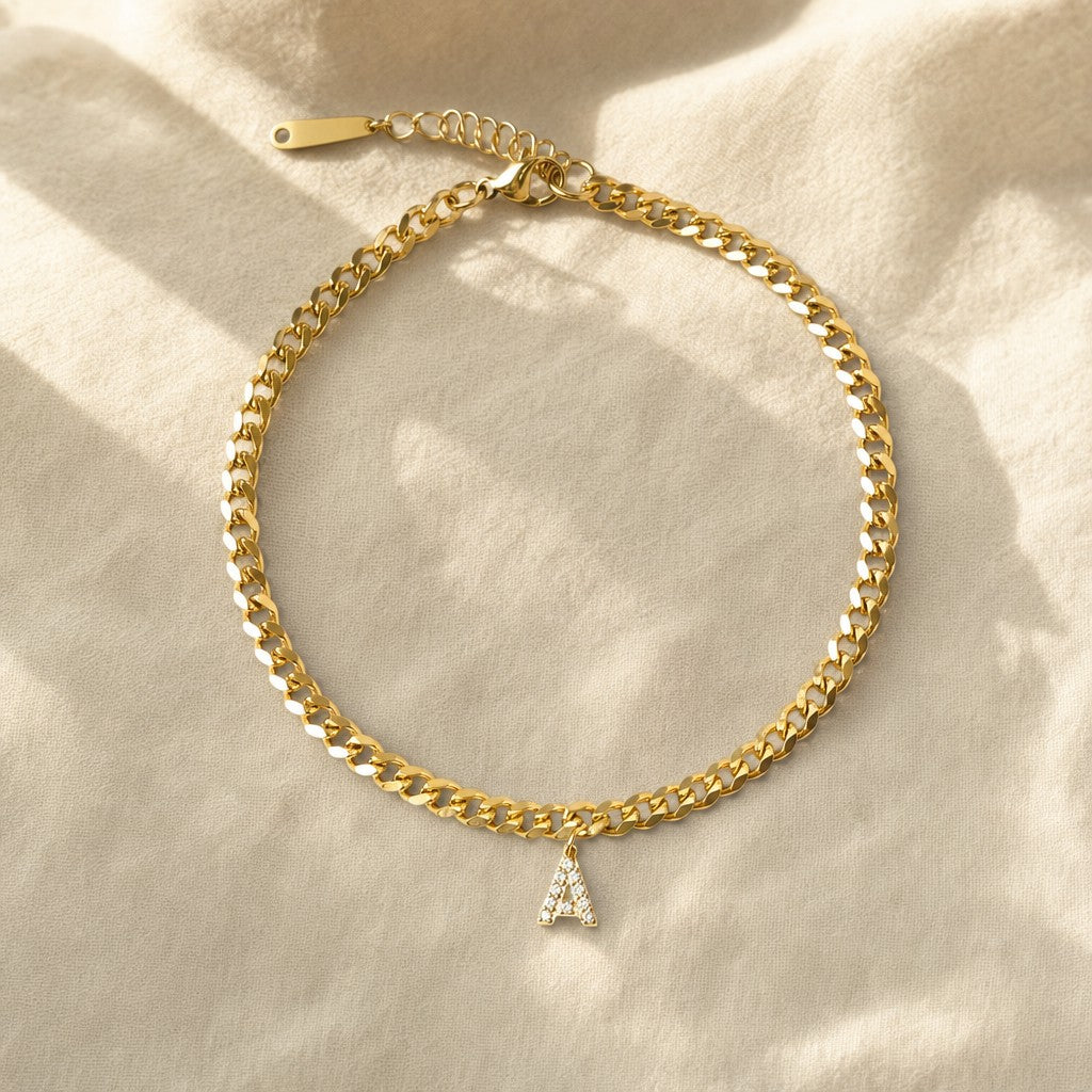 Layali Initial Anklet on cream linen