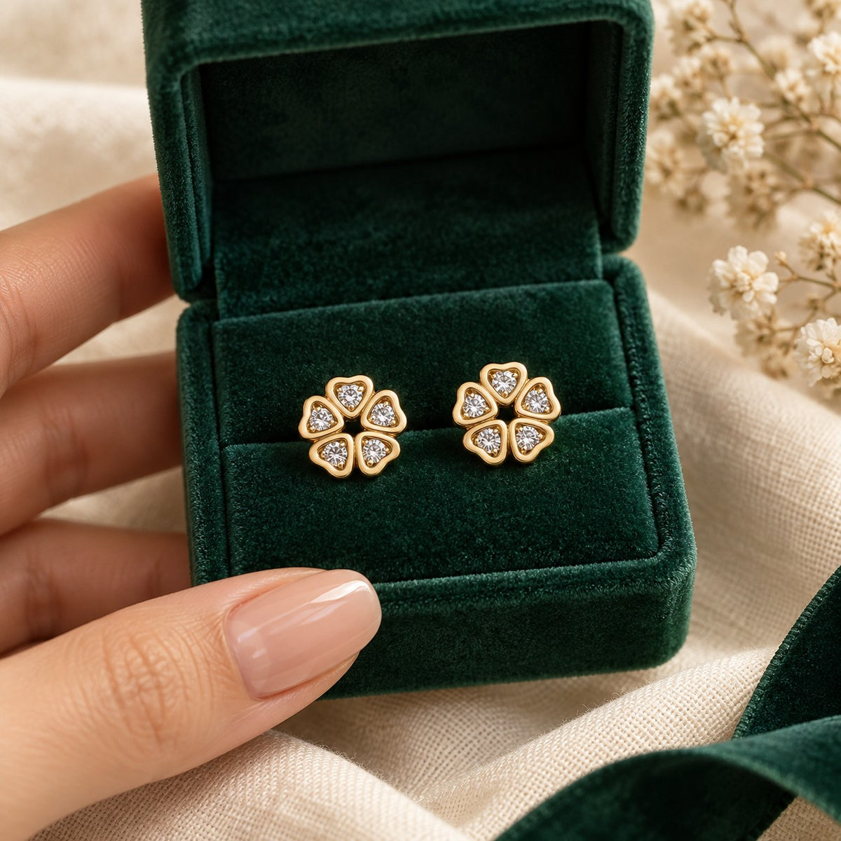 Malak Moissanite Earrings presented in an emerald velvet gift box