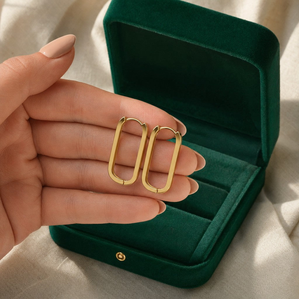 Minimal Square Hoops presented in an emerald velvet gift box