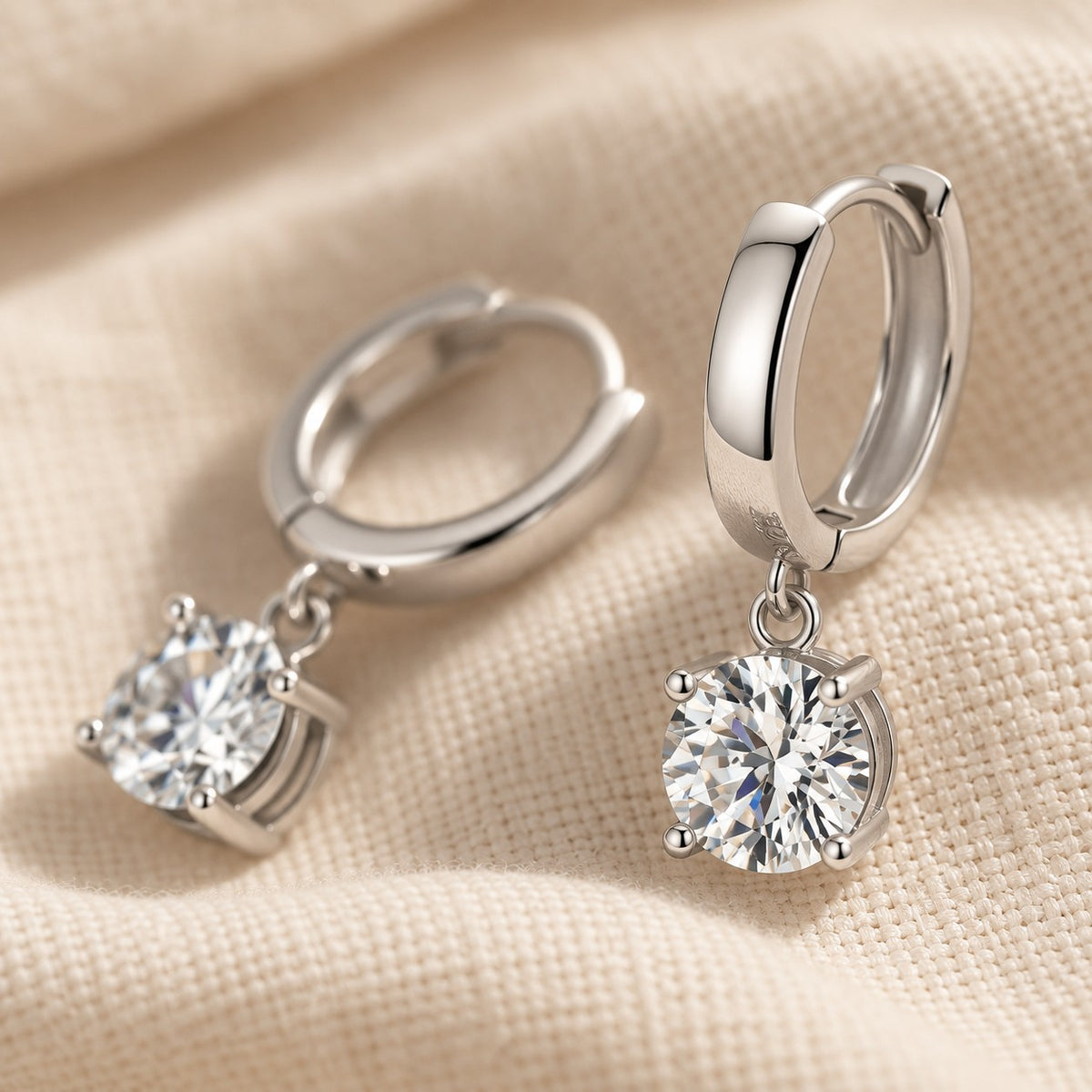 Close-up detail of the Soraya Moissanite Drop Hoops