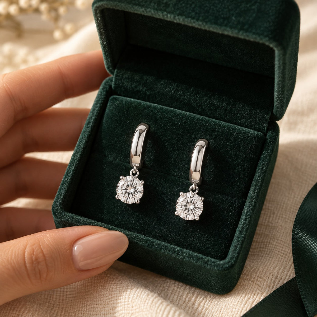Soraya Moissanite Drop Hoops presented in an emerald velvet gift box