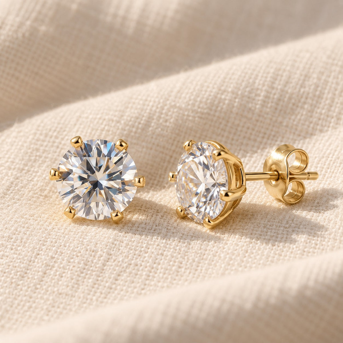 Rania Moissanite Studs on cream linen