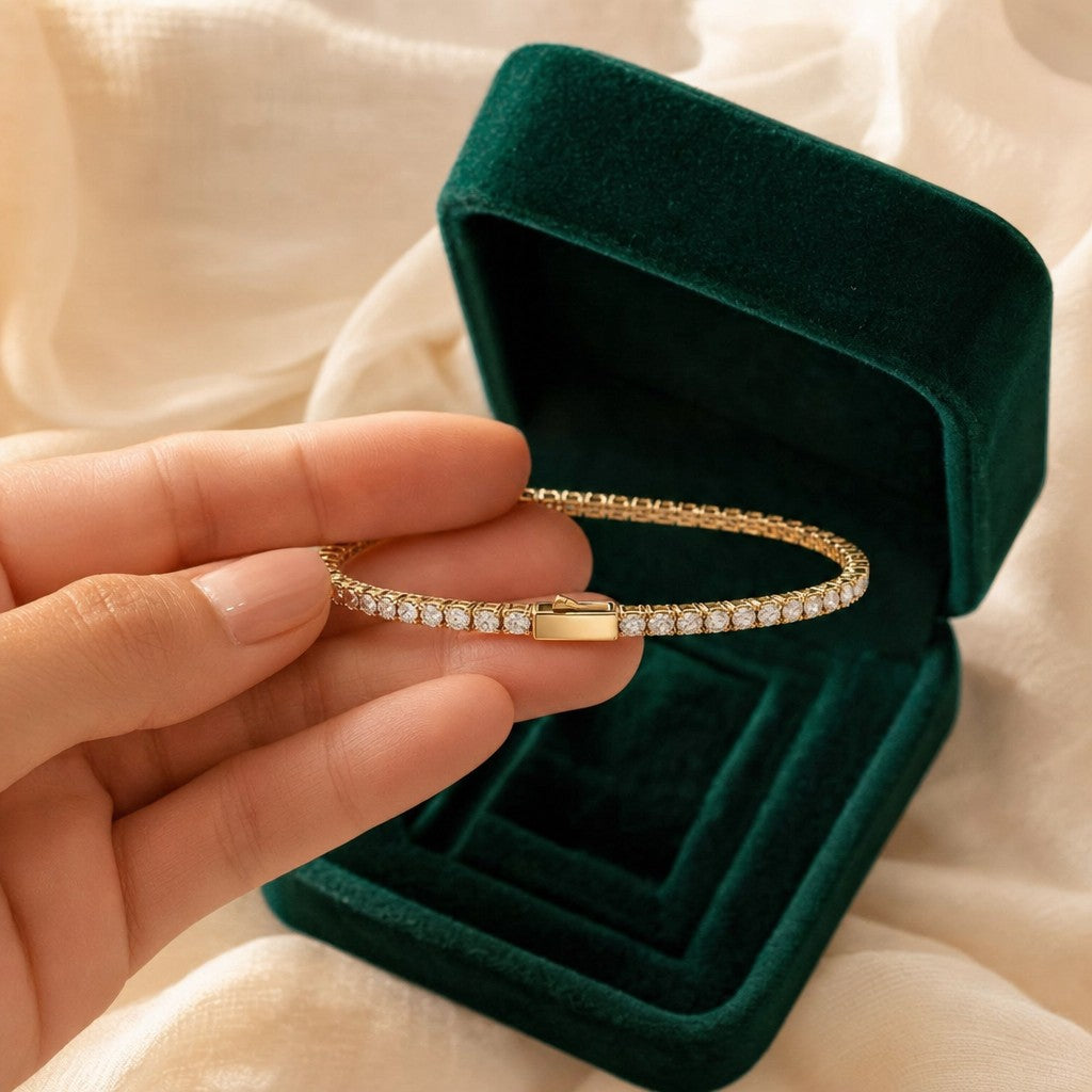Moissanite Tennis Bracelet 3mm presented in an emerald velvet gift box