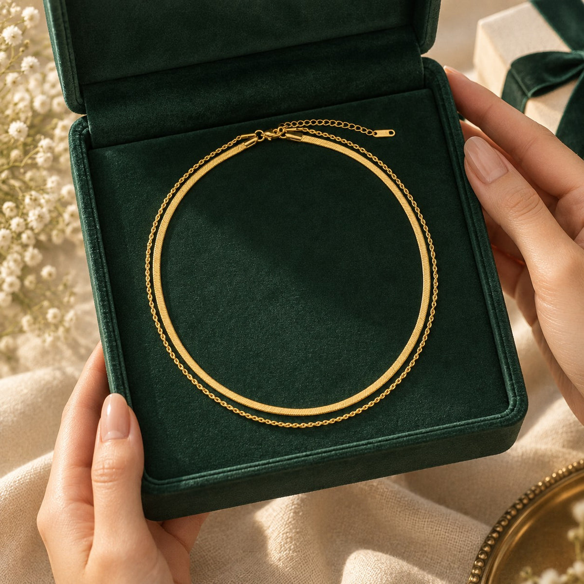 Luna Chain presented in an emerald velvet gift box