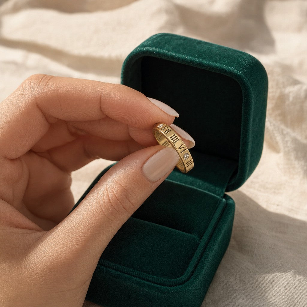 Numeral Ring presented in an emerald velvet gift box