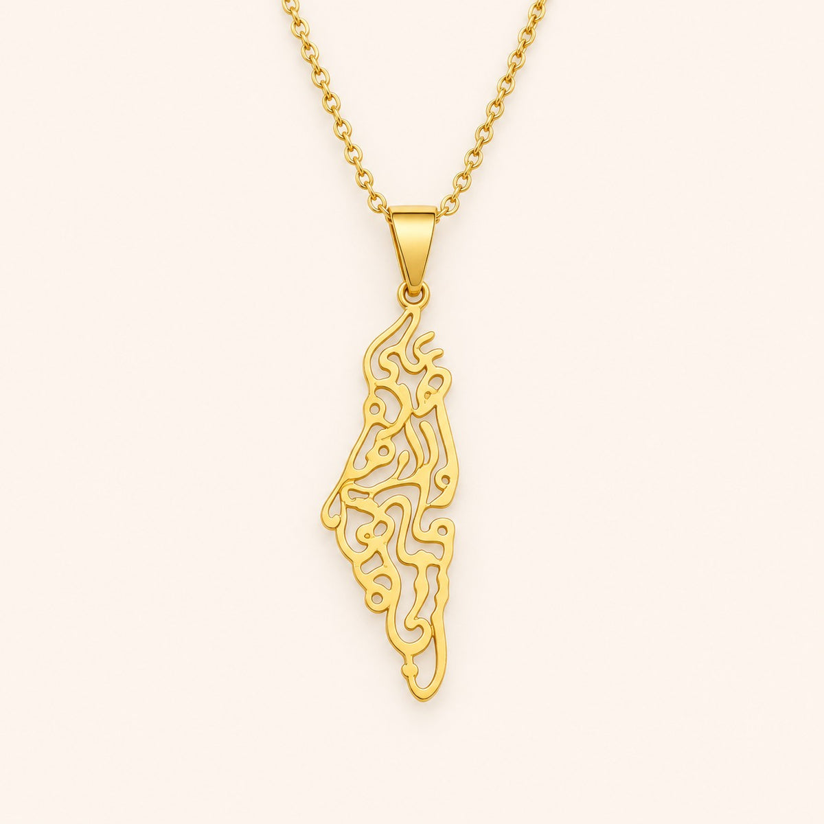 Palestine Calligraphy Map Necklace, gold finish