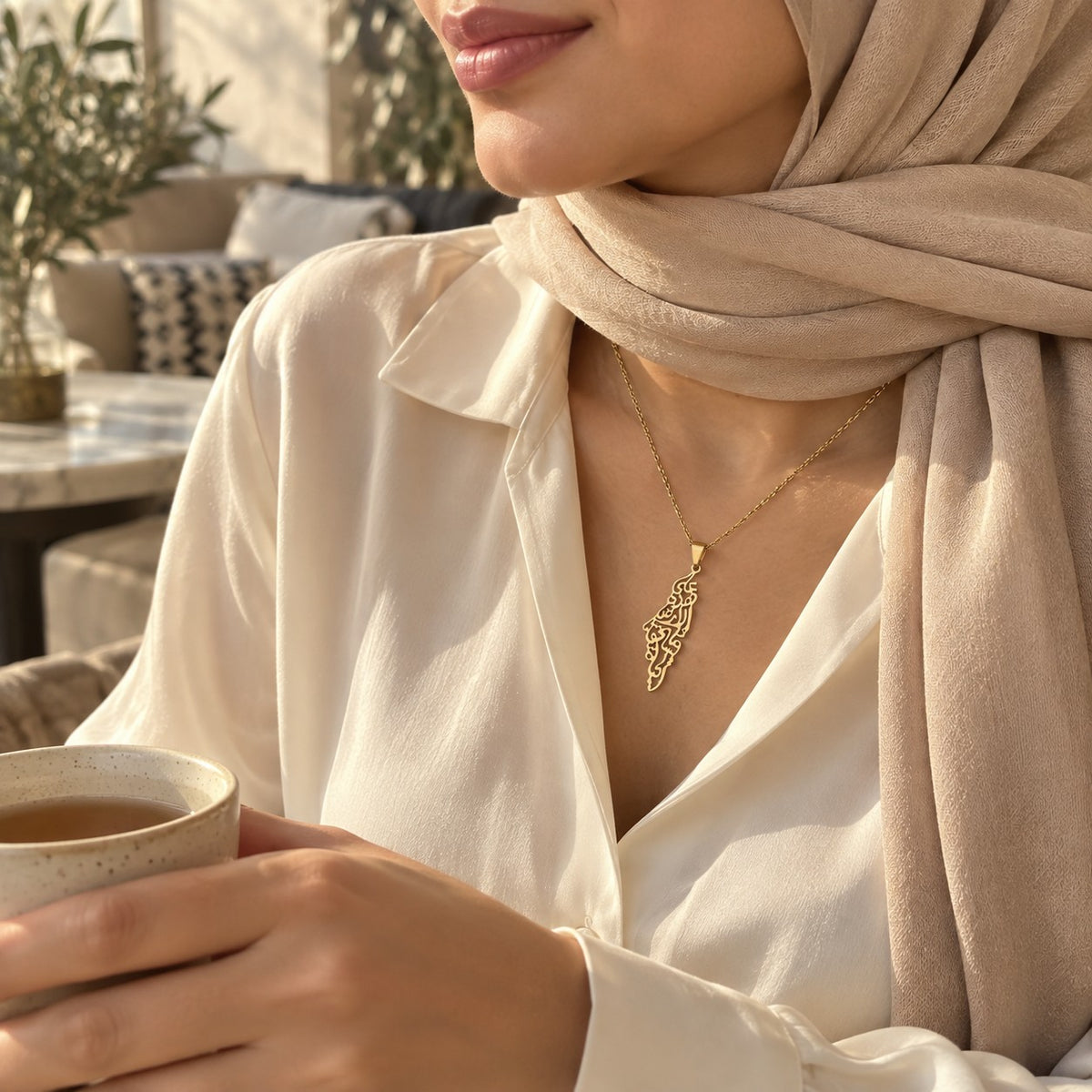 The Palestine Calligraphy Map Necklace worn in everyday life