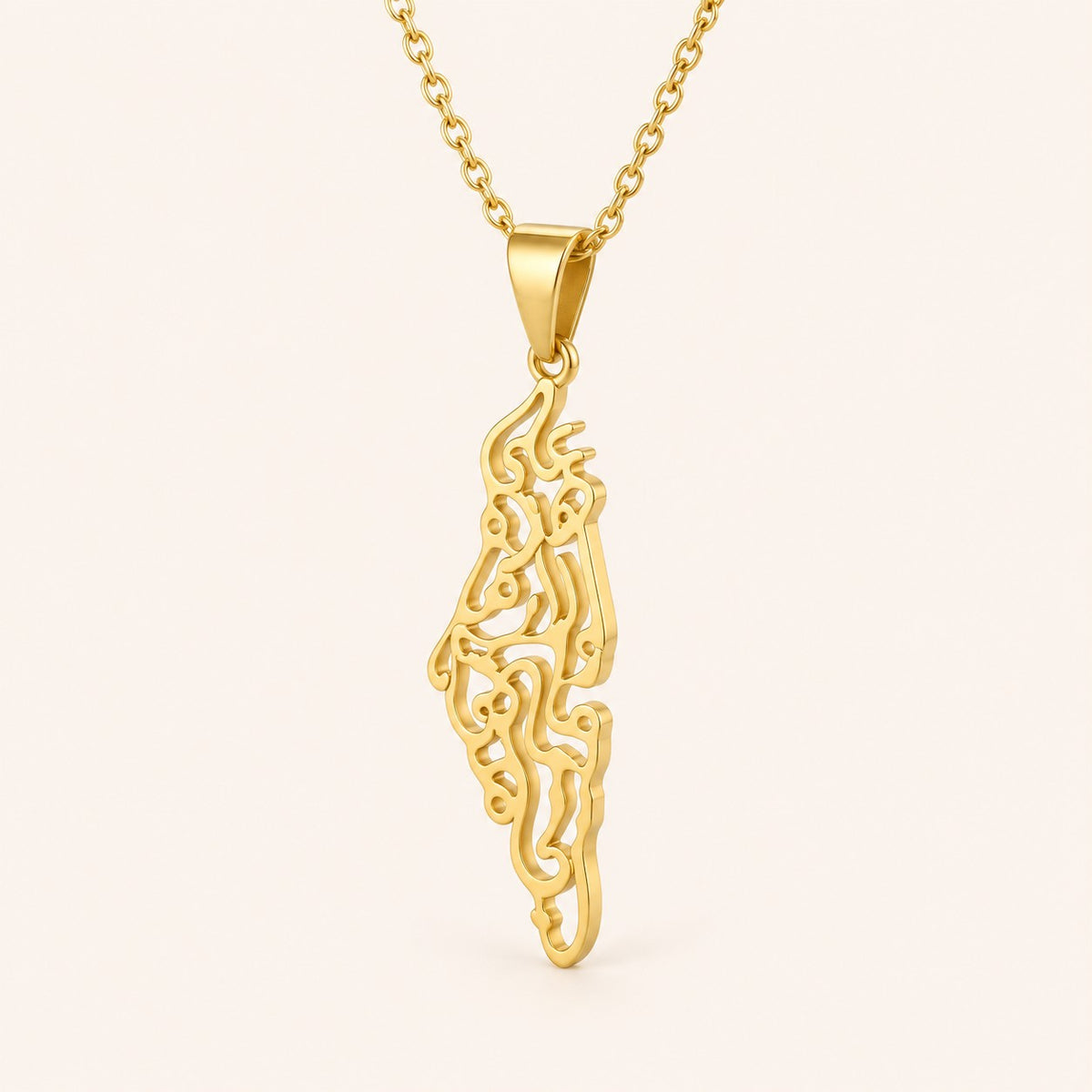 Side profile of the Palestine Calligraphy Map Necklace