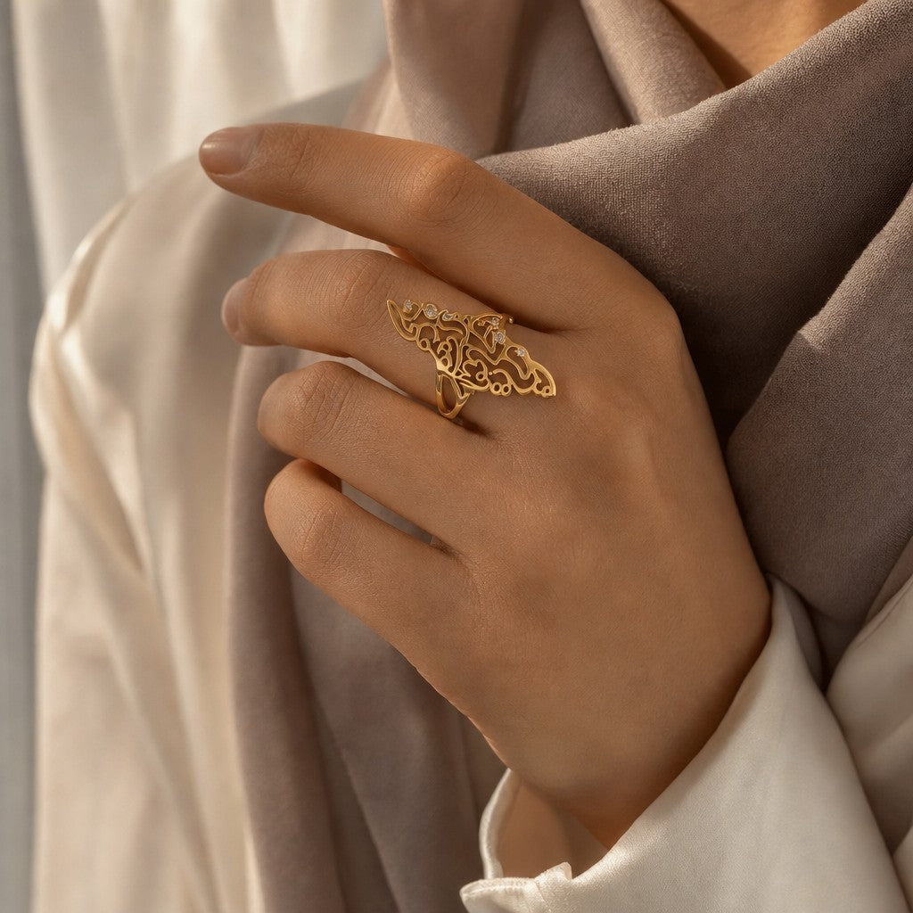 Woman wearing the Palestine Calligraphy Map Ring