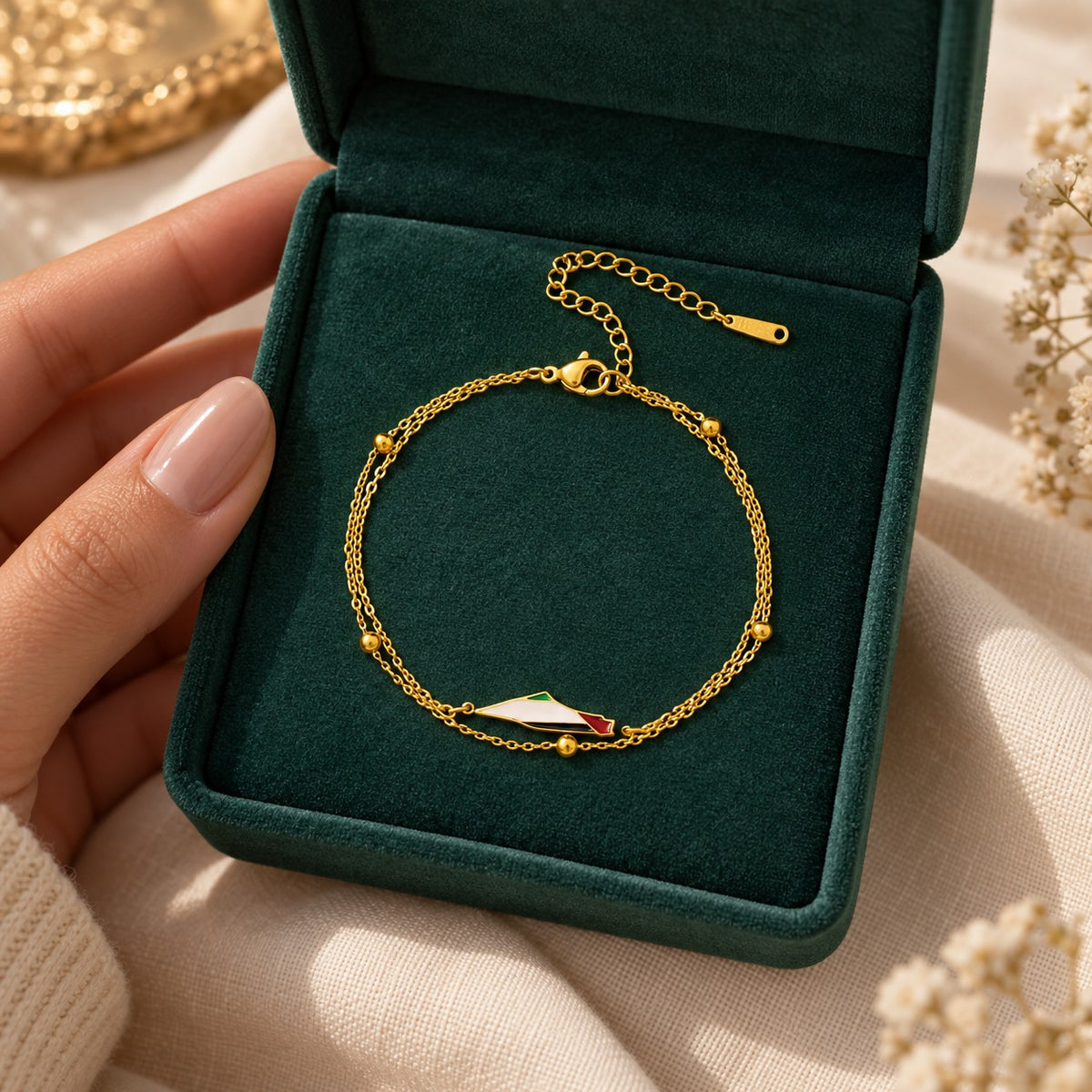 Palestine Map Bracelet presented in an emerald velvet gift box