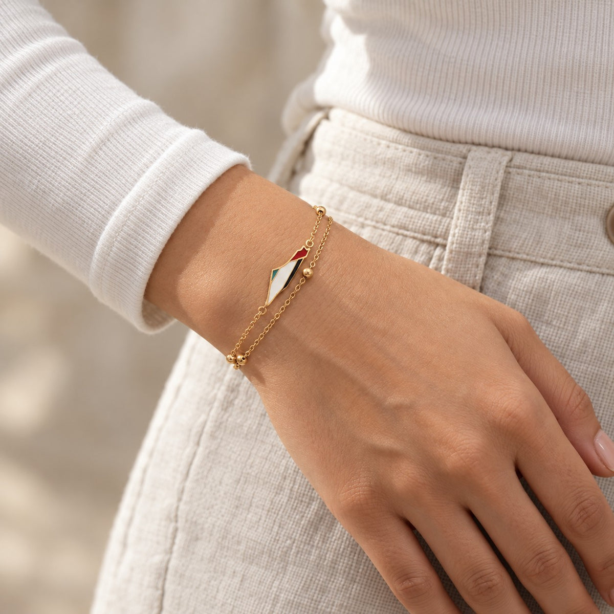 The Palestine Map Bracelet worn, showing its true size