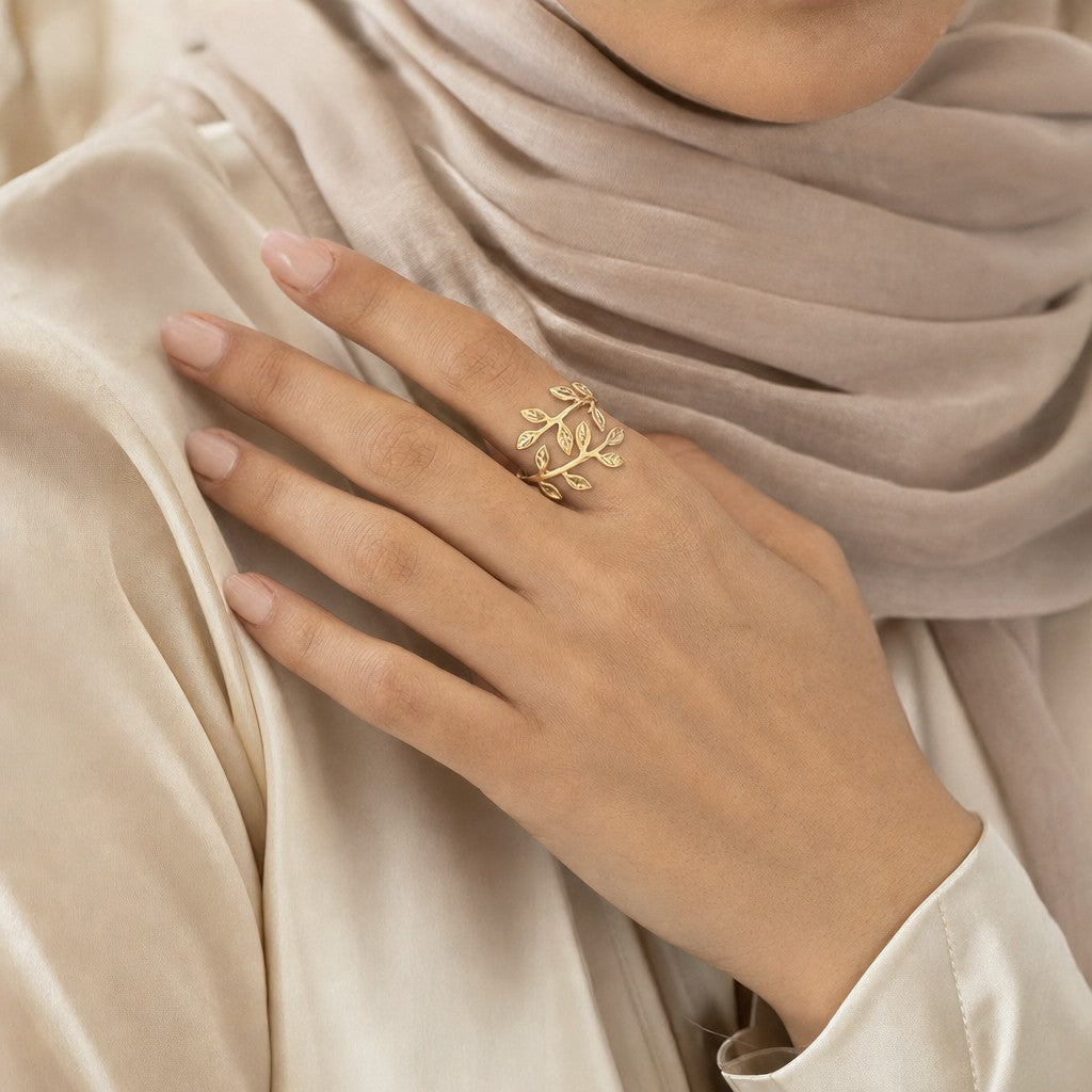Woman wearing the Palestine Olive Leaf Ring