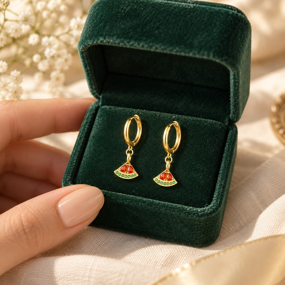 Palestine Watermelon Hoops presented in an emerald velvet gift box