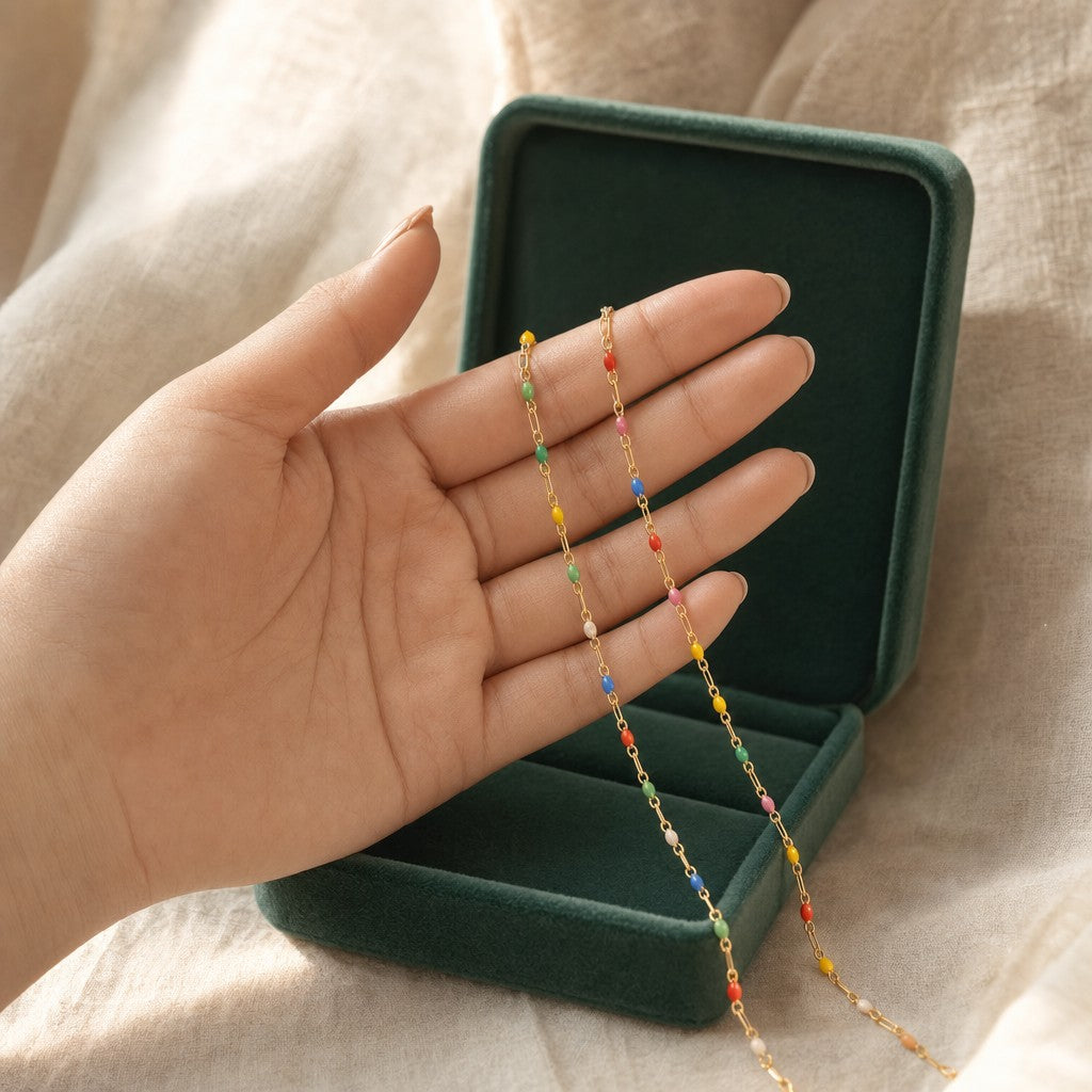 Rainbow Spectrum Chain presented in an emerald velvet gift box