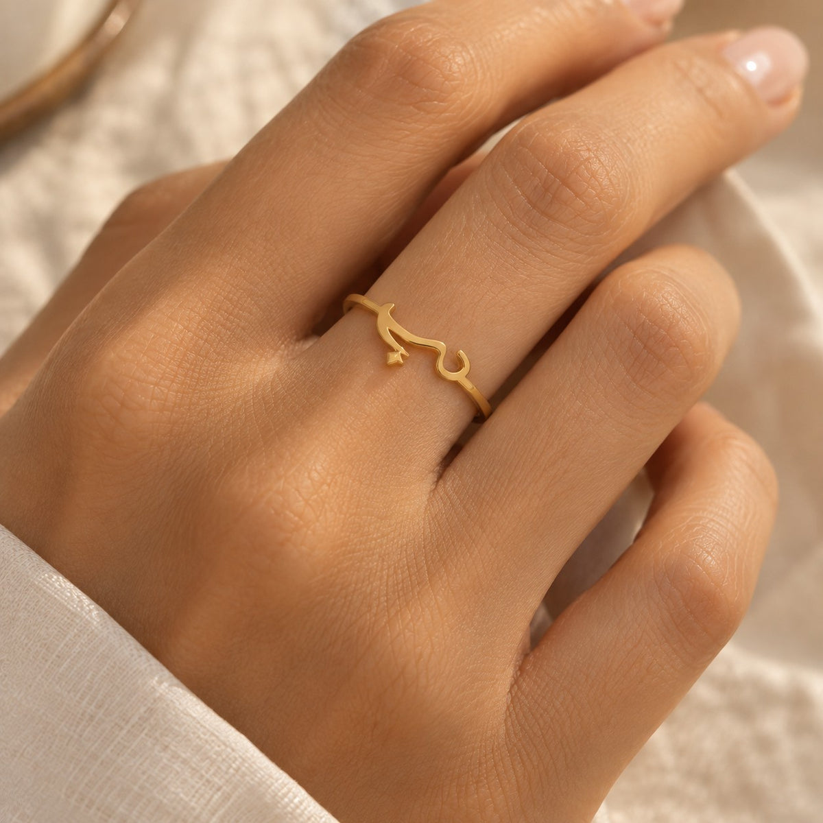 The Arabic Love Ring worn, showing its true size