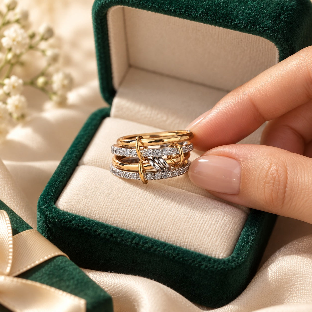 Sabr Stack Ring presented in an emerald velvet gift box