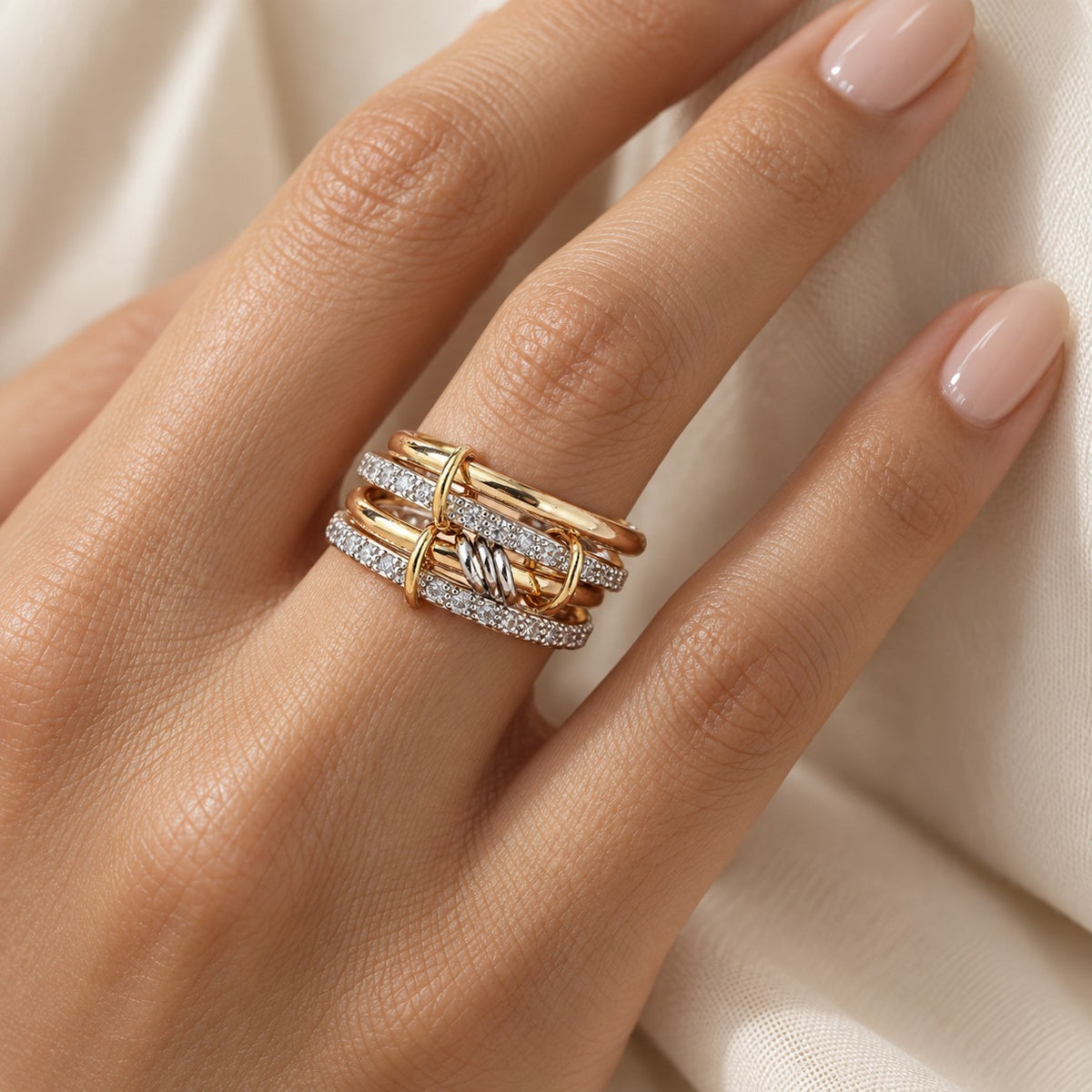 The Sabr Stack Ring worn, showing its true size