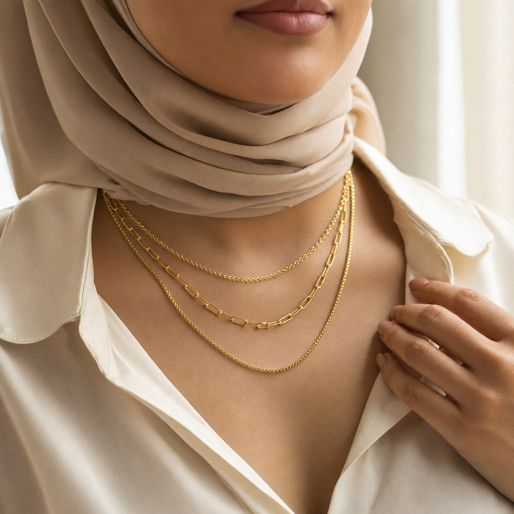 Woman wearing the Trio Layered Chain