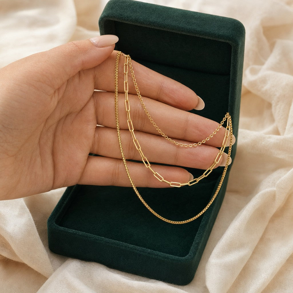 Trio Layered Chain presented in an emerald velvet gift box