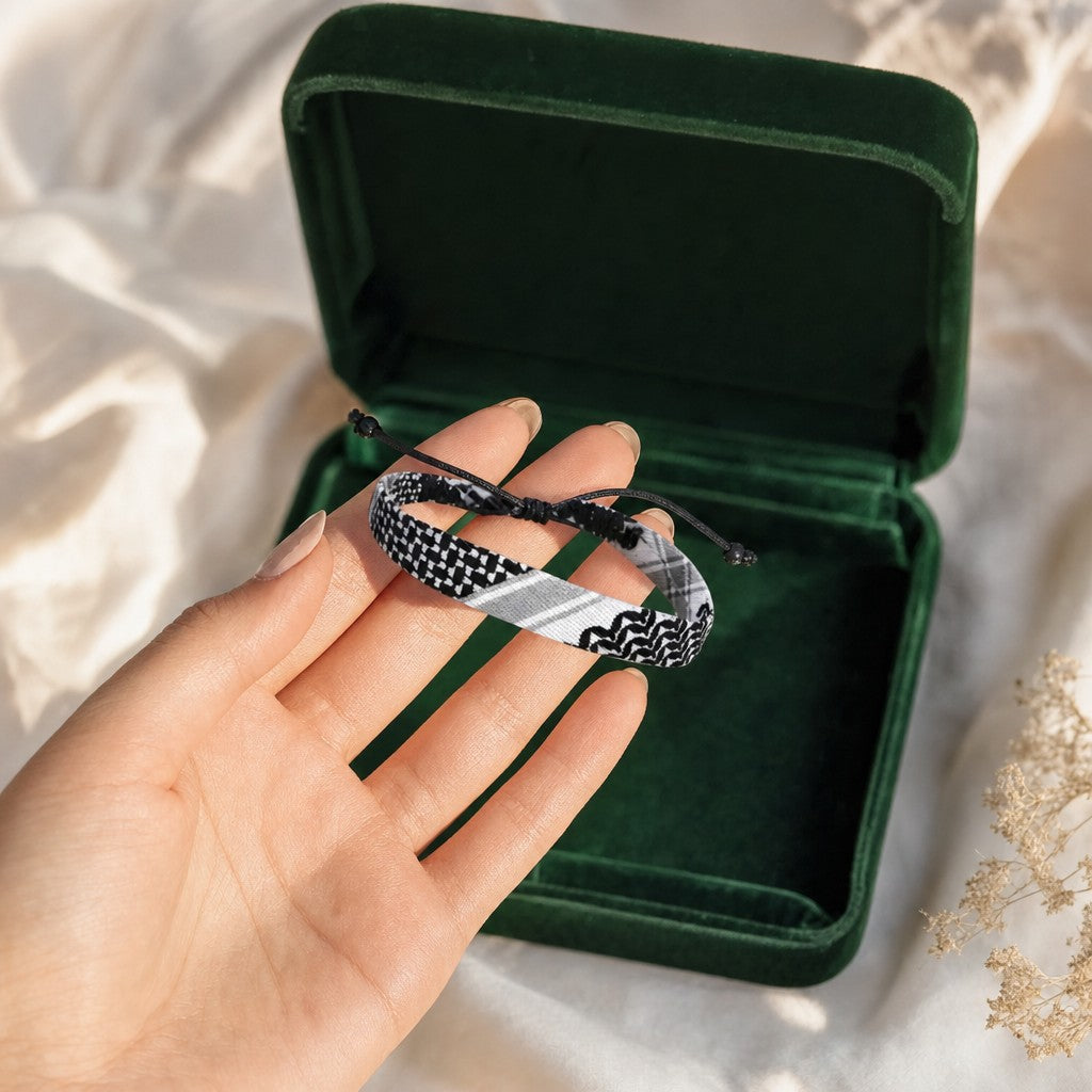 Keffiyeh Bracelet presented in an emerald velvet gift box