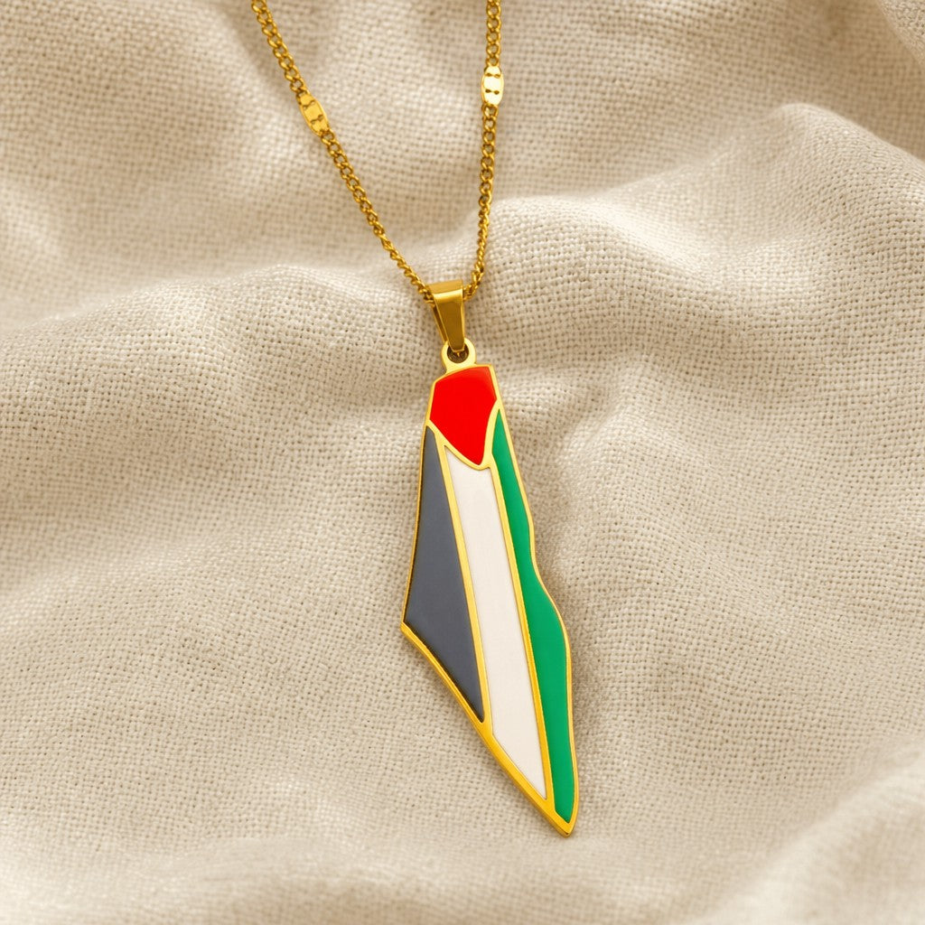 Close-up detail of the Palestine Pride Map Necklace