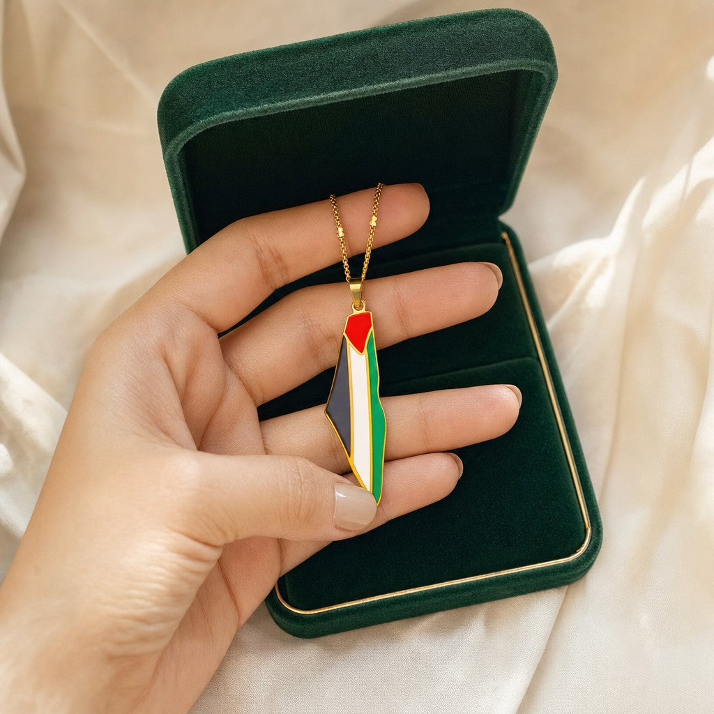 Palestine Pride Map Necklace presented in an emerald velvet gift box