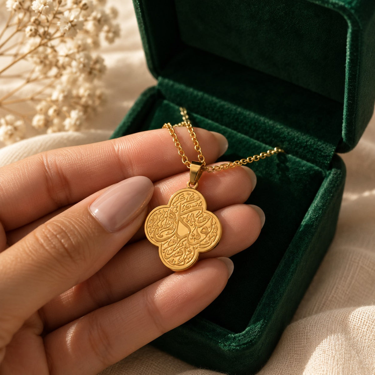 Rawdat Al Fuad Necklace presented in an emerald velvet gift box