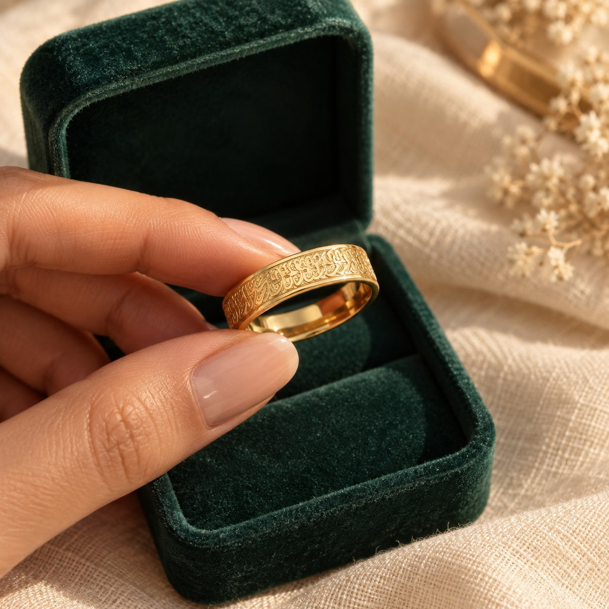 Sabr Ring presented in an emerald velvet gift box