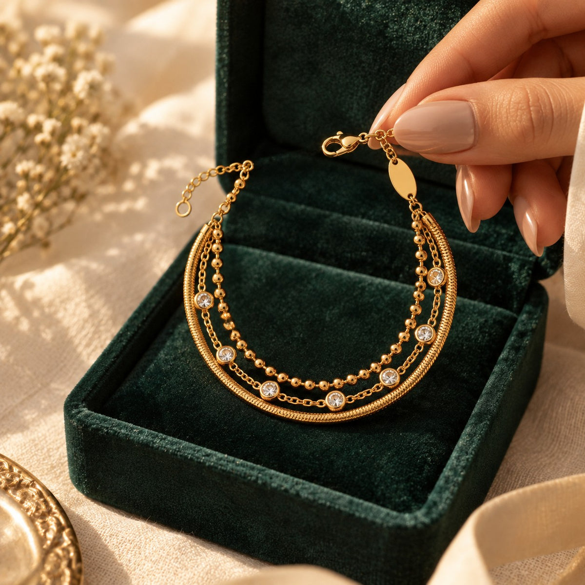 Laythah Bracelet presented in an emerald velvet gift box