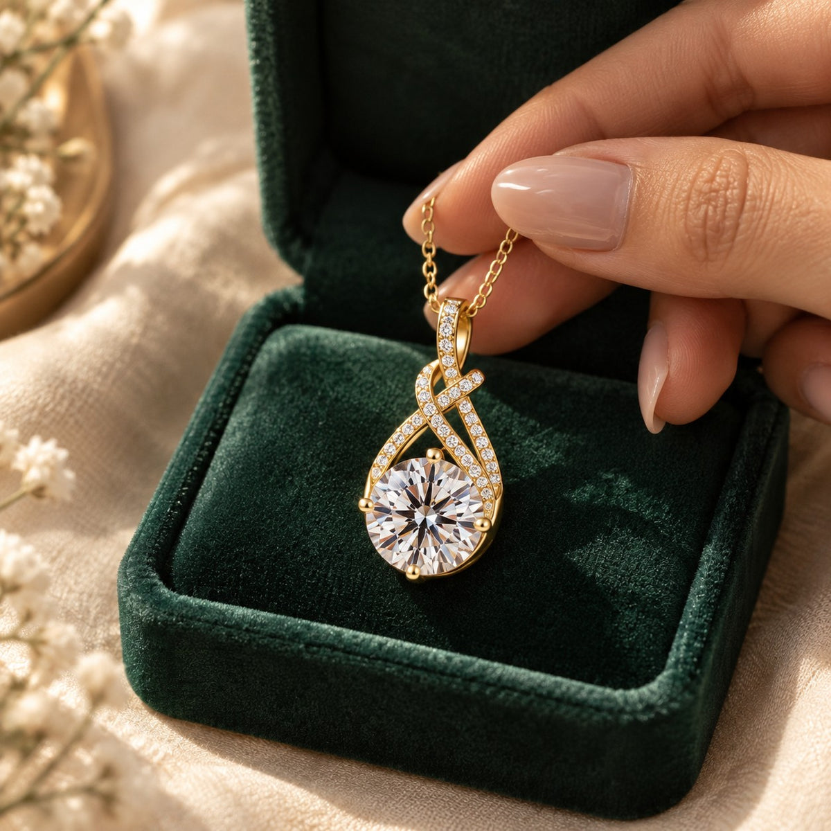 Siraj Pendant presented in an emerald velvet gift box