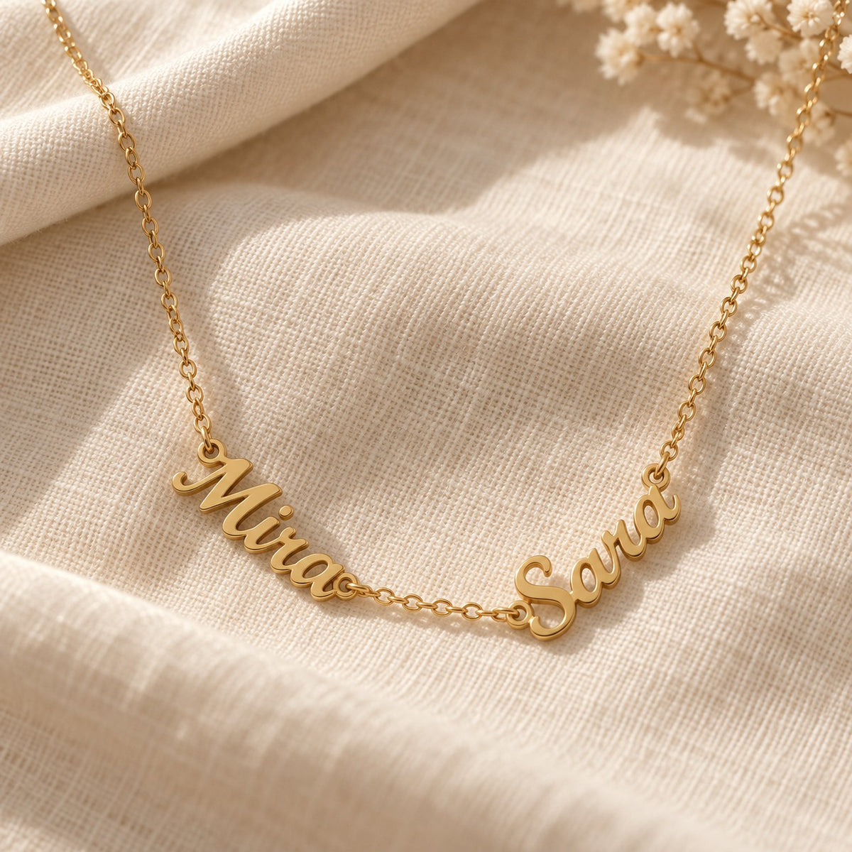 Wasl English Multiple Names Necklace on cream linen