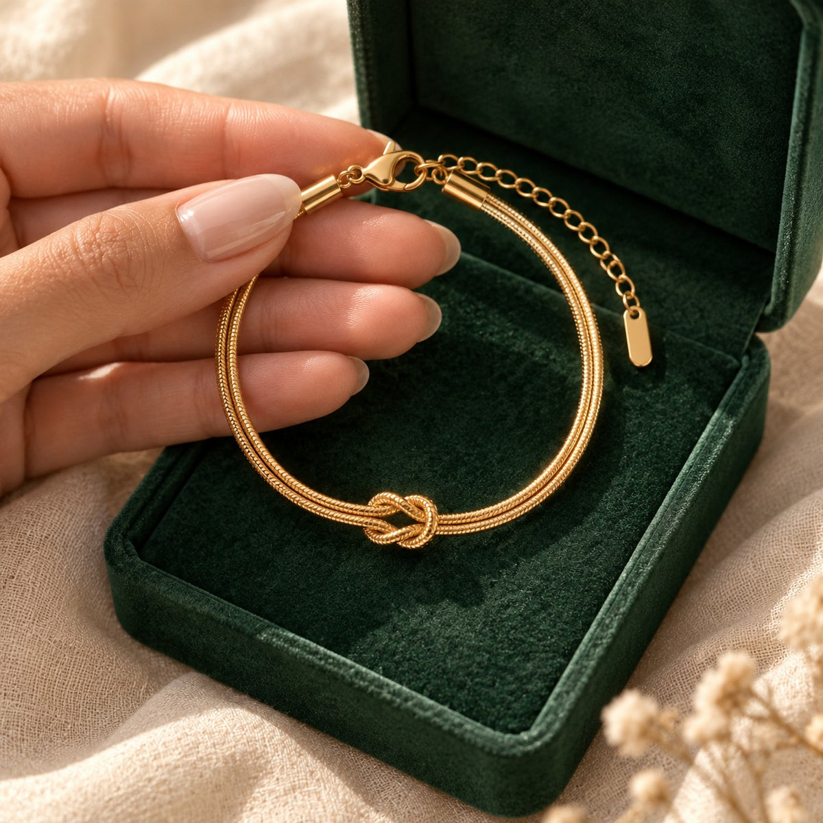 Wisal Knot Bracelet presented in an emerald velvet gift box