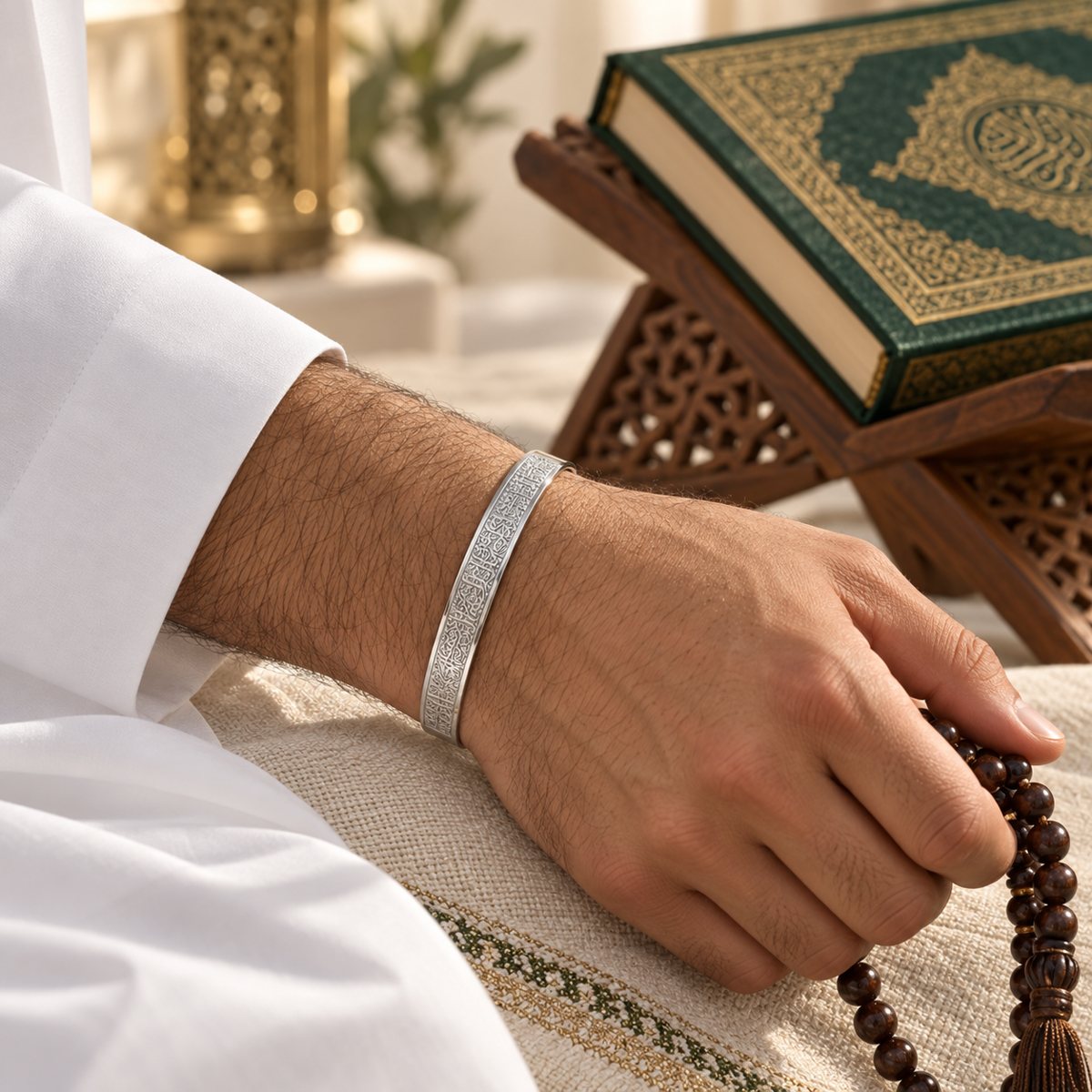A man wearing the engraved Ayatul Kursi cuff