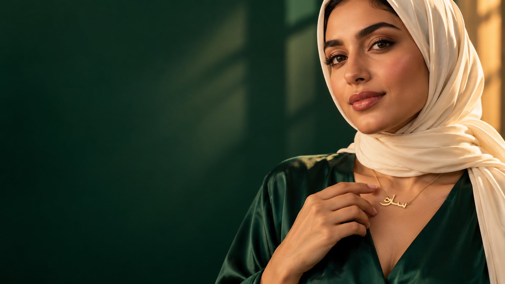 Woman wearing a Sakina Arabic name necklace in 18k gold