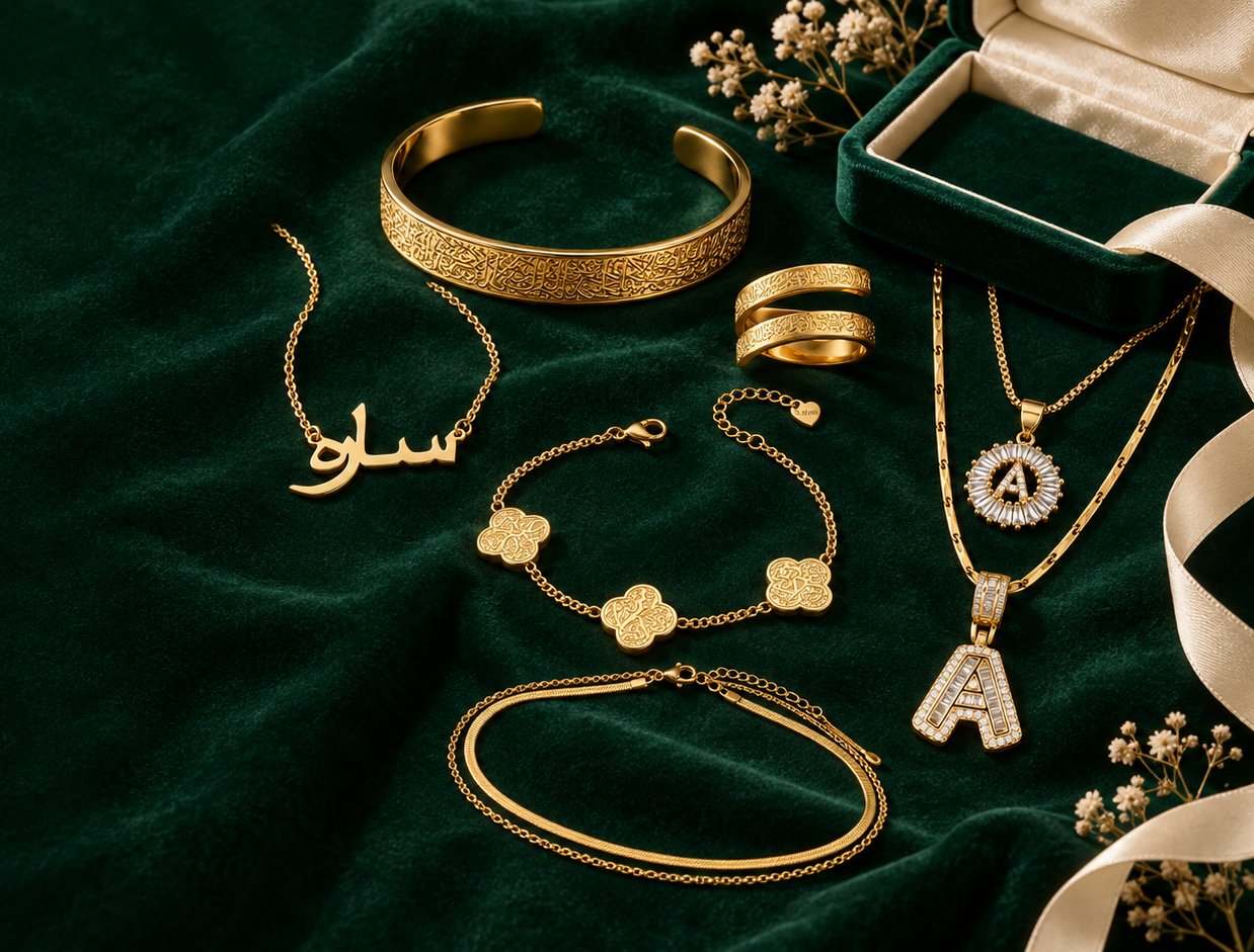 Sakina gold jewellery set on emerald velvet with an open gift box